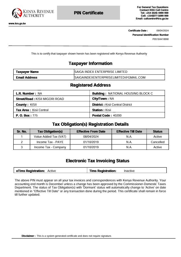 KRA PIN Certificate